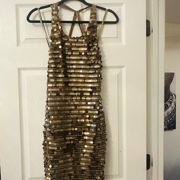 BCBG Gold Sequin Mini Halter Dress - Picture 1 of 3